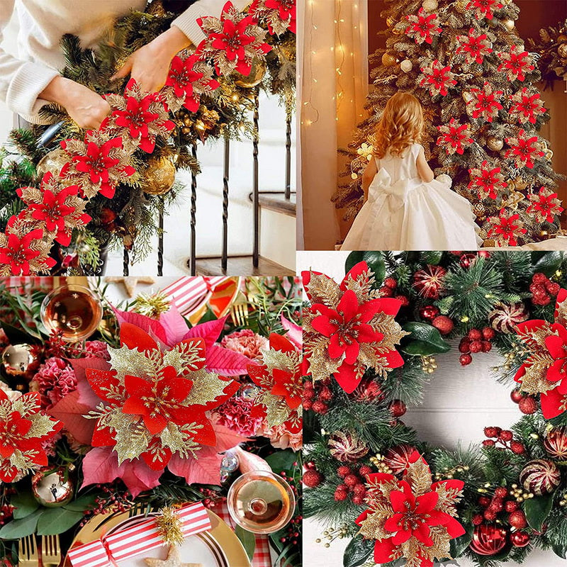 Glitter Artifical Christmas Flowers Merry Christmas Tree Decoration Happy New Year Ornaments Xmas Fake Flowers Natal