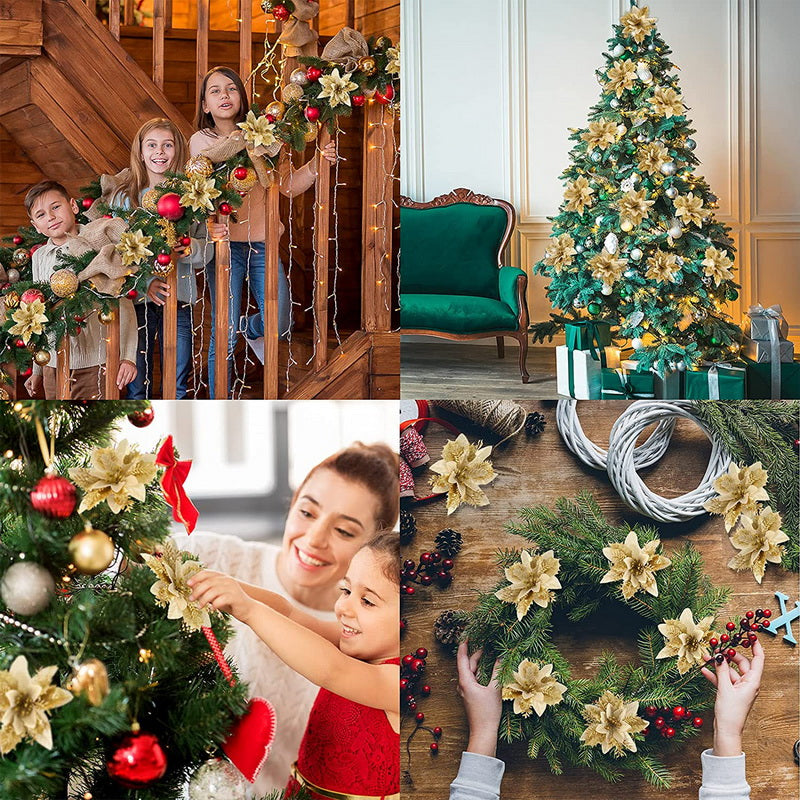 Glitter Artifical Christmas Flowers Merry Christmas Tree Decoration Happy New Year Ornaments Xmas Fake Flowers Natal