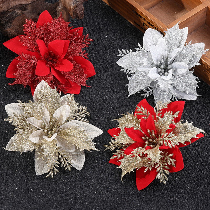 Glitter Artifical Christmas Flowers Merry Christmas Tree Decoration Happy New Year Ornaments Xmas Fake Flowers Natal
