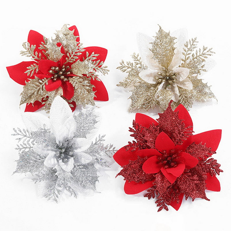 Glitter Artifical Christmas Flowers Merry Christmas Tree Decoration Happy New Year Ornaments Xmas Fake Flowers Natal