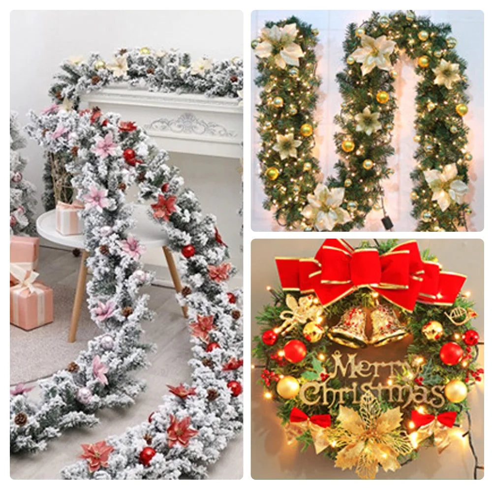 Glitter Artifical Christmas Flowers Merry Christmas Tree Decoration Happy New Year Ornaments Xmas Fake Flowers Natal