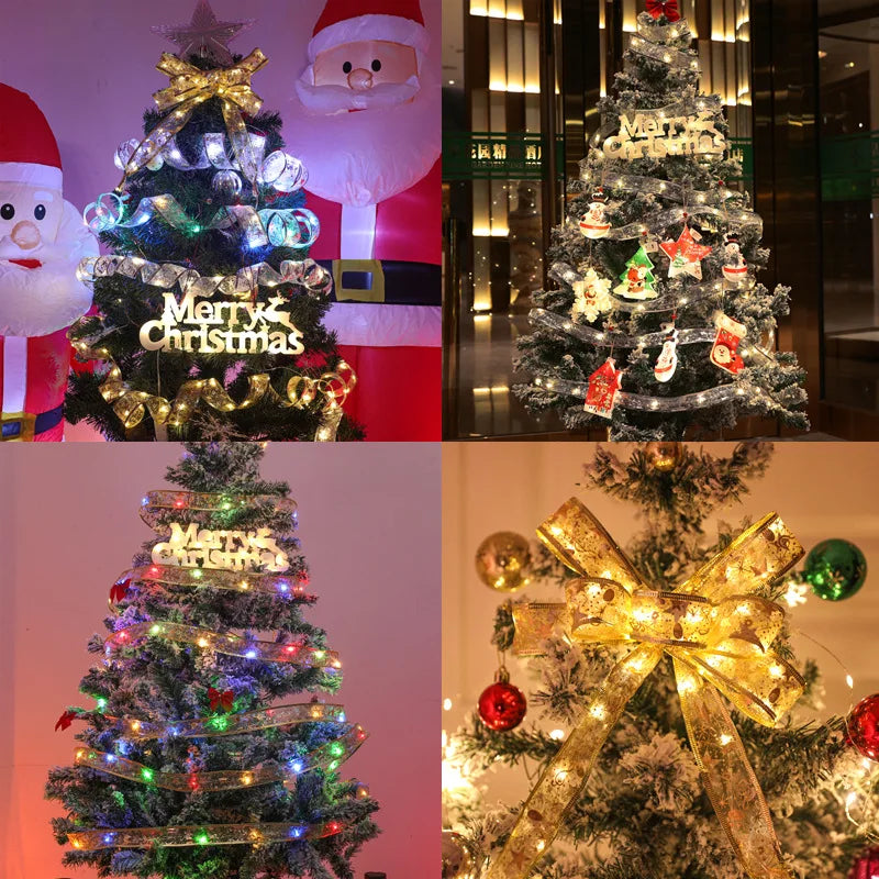 Christmas Ribbon Fairy Light Christmas Decoration DIY Bows String Light Tree Ornaments For Home 2023 Xmas Decor New Year Navidad