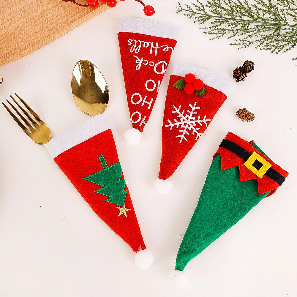 Christmas Cutlery Holder Set Mini Santa Hat Fork Knife Tableware Holder Bag
