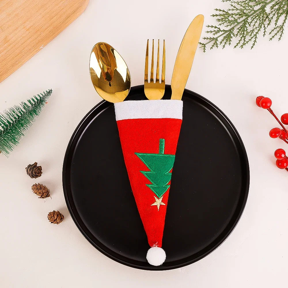 Christmas Cutlery Holder Set Mini Santa Hat Fork Knife Tableware Holder Bag