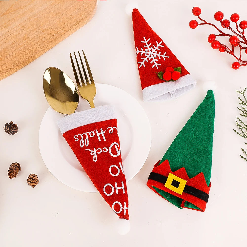 Christmas Cutlery Holder Set Mini Santa Hat Fork Knife Tableware Holder Bag