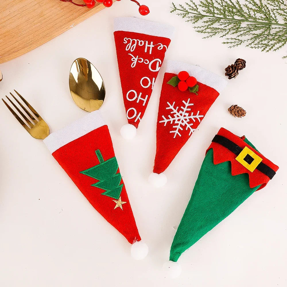 Christmas Cutlery Holder Set Mini Santa Hat Fork Knife Tableware Holder Bag