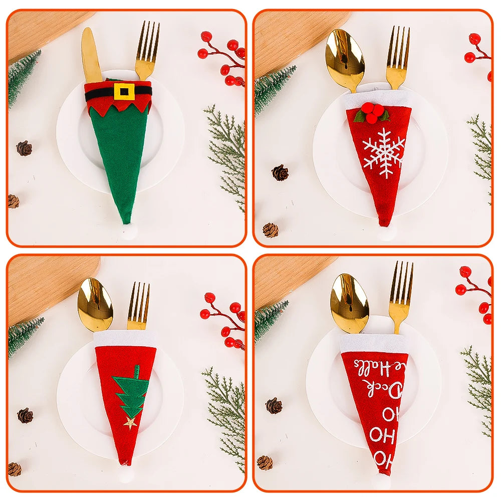 Christmas Cutlery Holder Set Mini Santa Hat Fork Knife Tableware Holder Bag