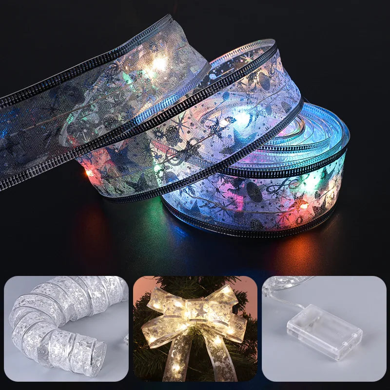 Christmas Ribbon Fairy Light Christmas Decoration DIY Bows String Light Tree Ornaments For Home 2023 Xmas Decor New Year Navidad