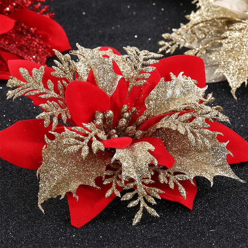 Glitter Artifical Christmas Flowers Merry Christmas Tree Decoration Happy New Year Ornaments Xmas Fake Flowers Natal
