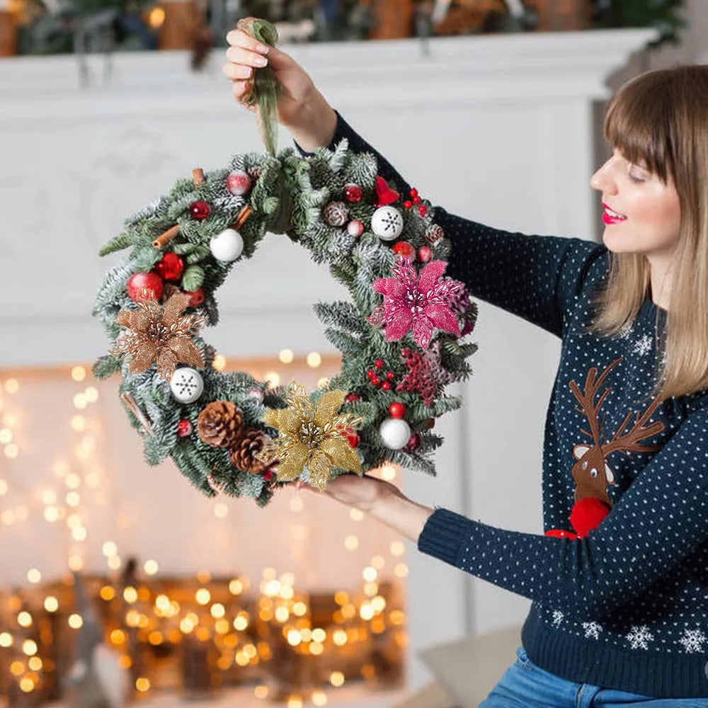 Glitter Artifical Christmas Flowers Merry Christmas Tree Decoration Happy New Year Ornaments Xmas Fake Flowers Natal