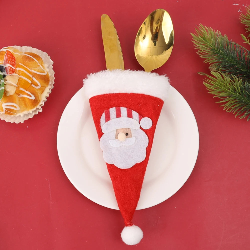 Christmas Cutlery Holder Set Mini Santa Hat Fork Knife Tableware Holder Bag
