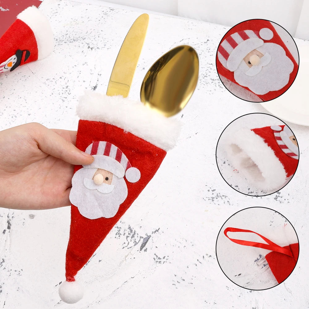Christmas Cutlery Holder Set Mini Santa Hat Fork Knife Tableware Holder Bag