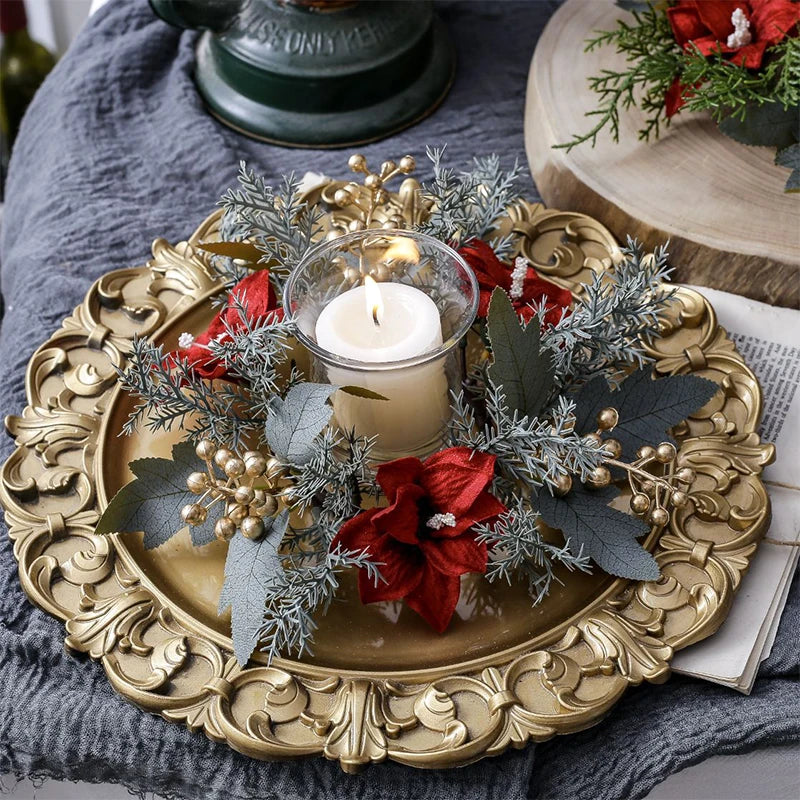 Christmas Candlestick Wreath Artificial Flowers Garland Candle Ring