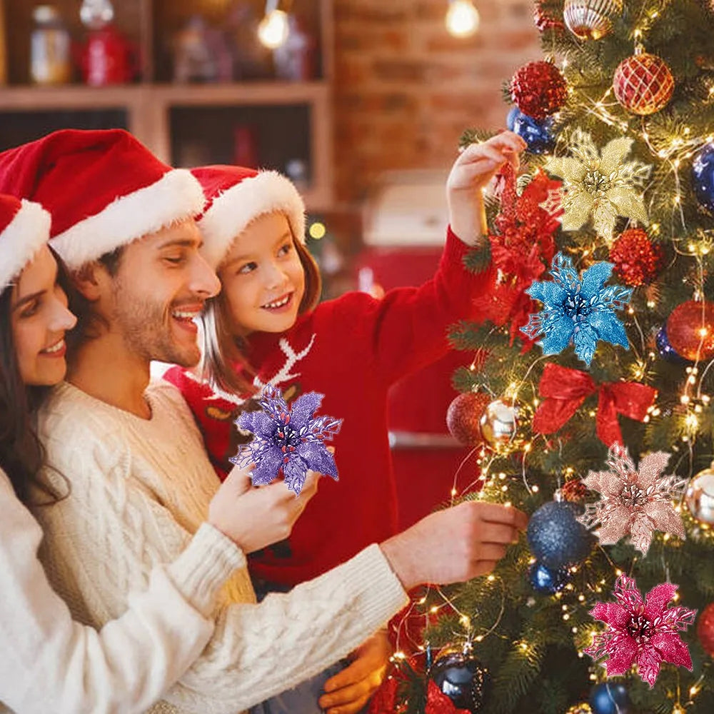 Glitter Artifical Christmas Flowers Merry Christmas Tree Decoration Happy New Year Ornaments Xmas Fake Flowers Natal