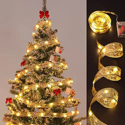 Christmas Ribbon Fairy Light Christmas Decoration DIY Bows String Light Tree Ornaments For Home 2023 Xmas Decor New Year Navidad