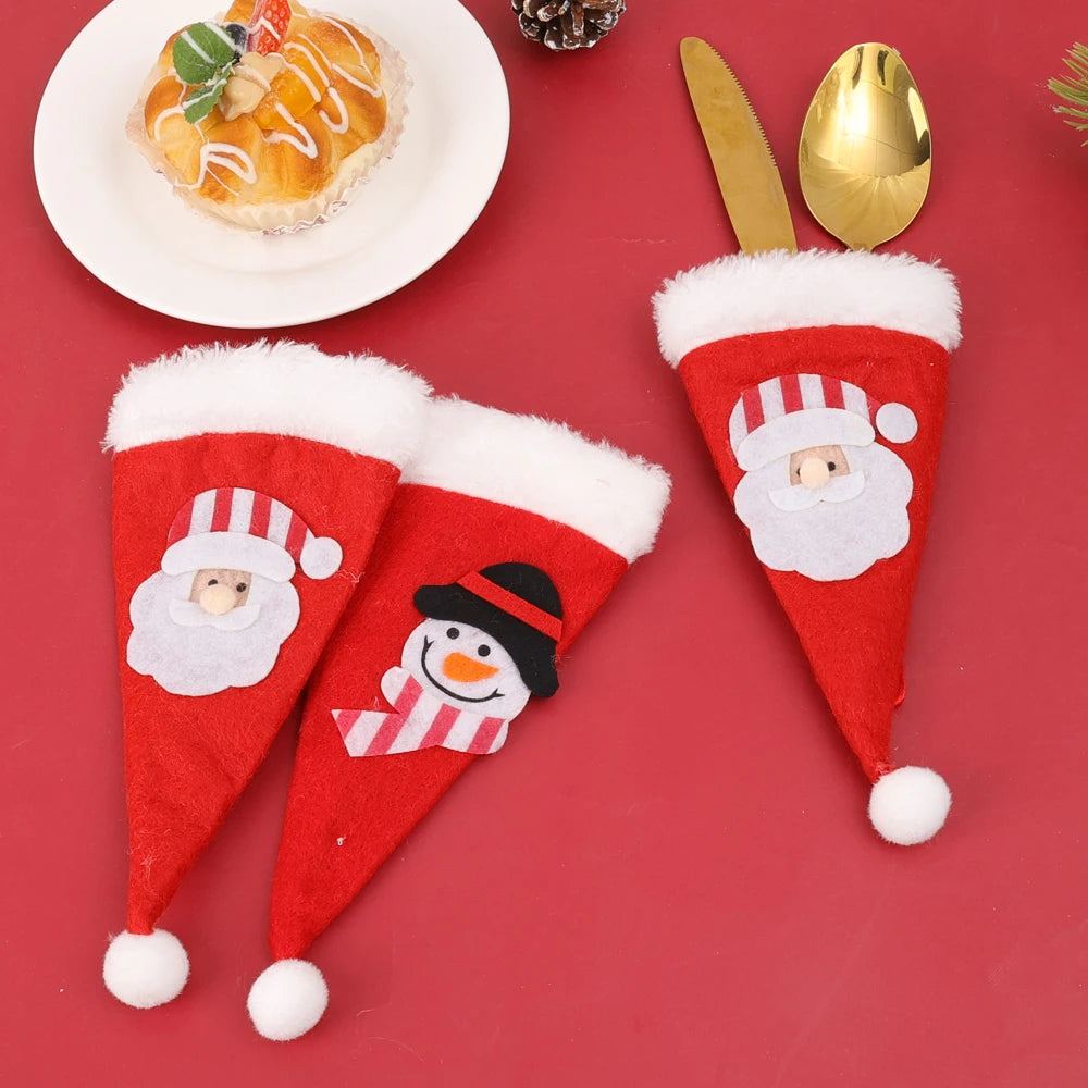 Christmas Cutlery Holder Set Mini Santa Hat Fork Knife Tableware Holder Bag