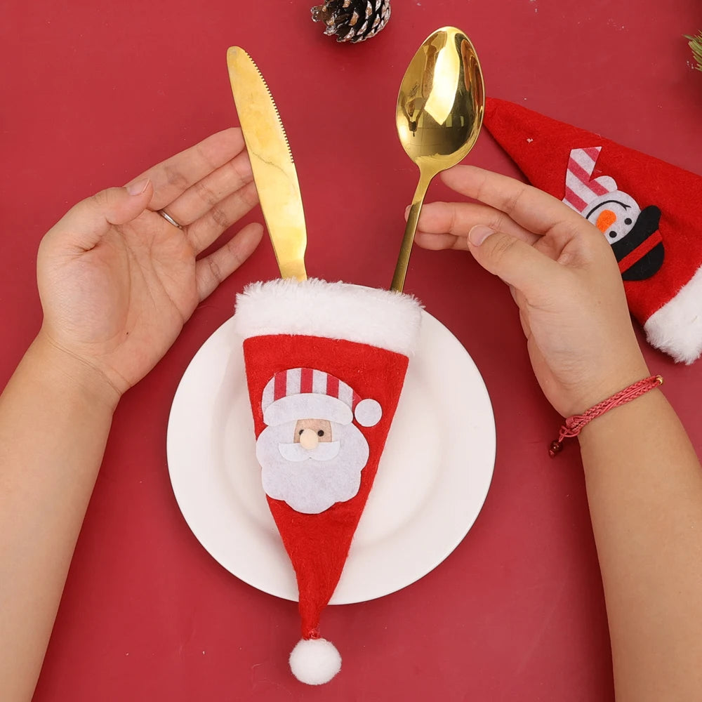 Christmas Cutlery Holder Set Mini Santa Hat Fork Knife Tableware Holder Bag
