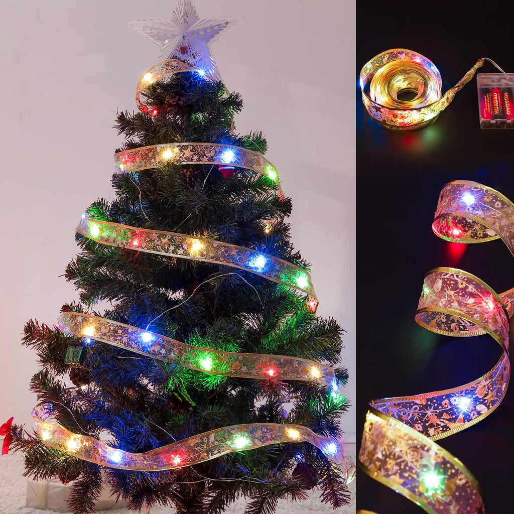 Christmas Ribbon Fairy Light Christmas Decoration DIY Bows String Light Tree Ornaments For Home 2023 Xmas Decor New Year Navidad