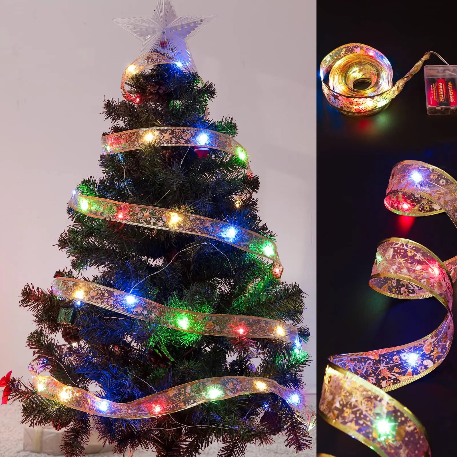Christmas Ribbon Fairy Light Christmas Decoration DIY Bows String Light Tree Ornaments For Home 2023 Xmas Decor New Year Navidad