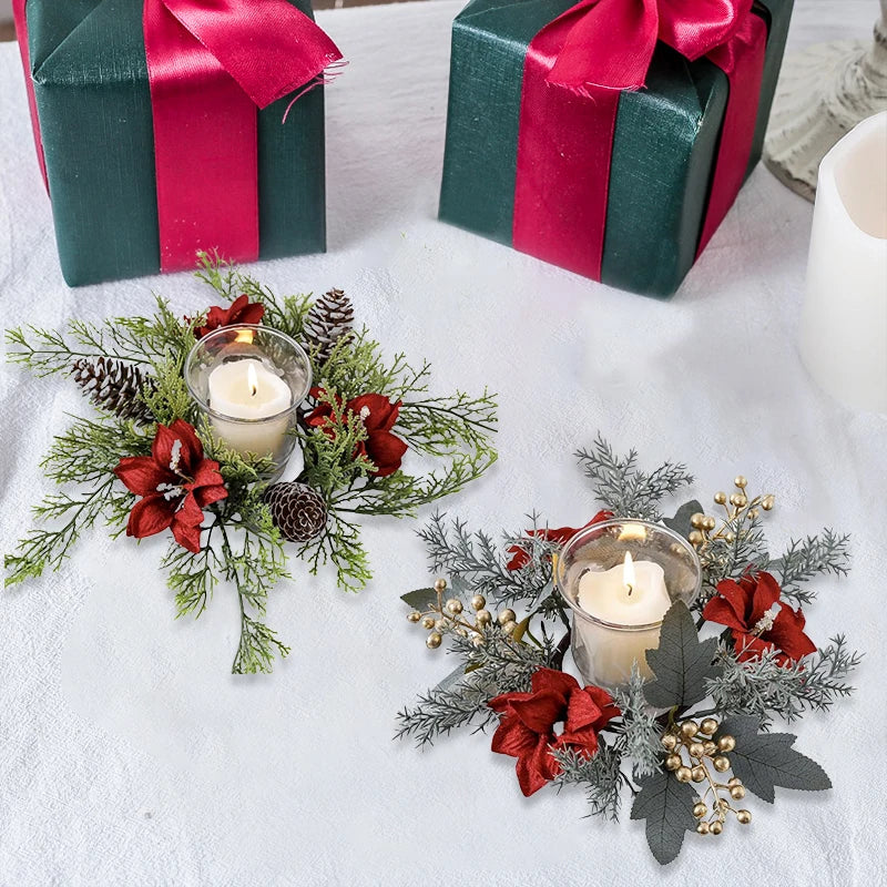 Christmas Candlestick Wreath Artificial Flowers Garland Candle Ring