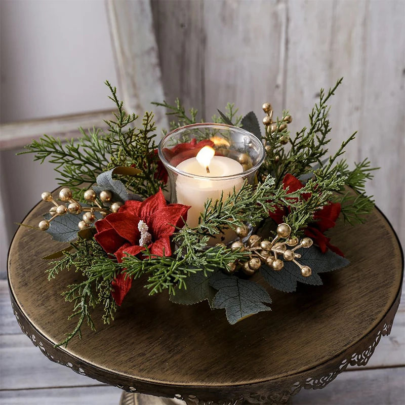 Christmas Candlestick Wreath Artificial Flowers Garland Candle Ring