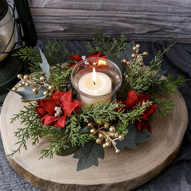 Christmas Candlestick Wreath Artificial Flowers Garland Candle Ring