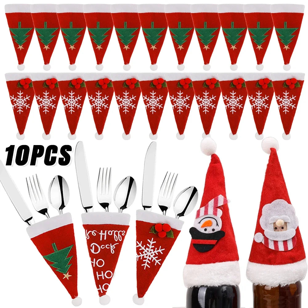 Christmas Cutlery Holder Set Mini Santa Hat Fork Knife Tableware Holder Bag