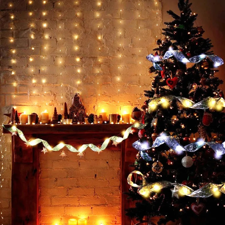 Christmas Ribbon Fairy Light Christmas Decoration DIY Bows String Light Tree Ornaments For Home 2023 Xmas Decor New Year Navidad
