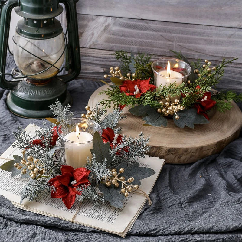 Christmas Candlestick Wreath Artificial Flowers Garland Candle Ring