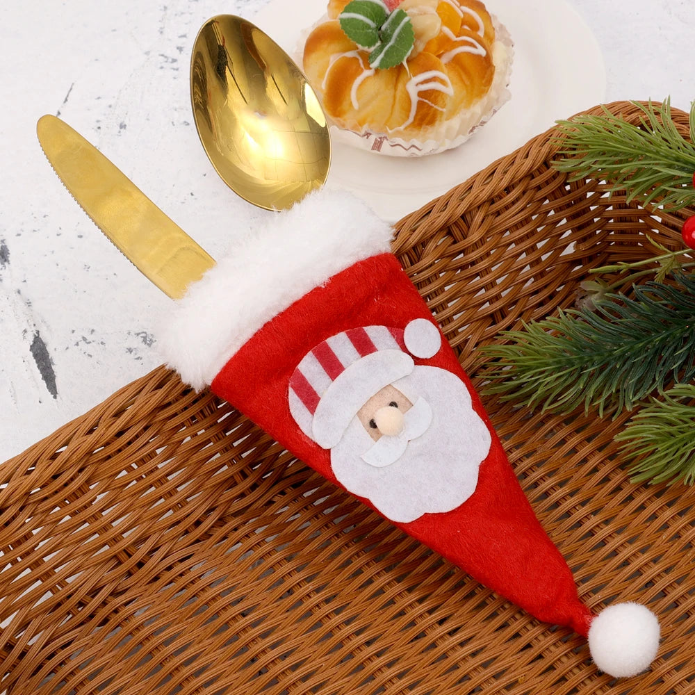 Christmas Cutlery Holder Set Mini Santa Hat Fork Knife Tableware Holder Bag