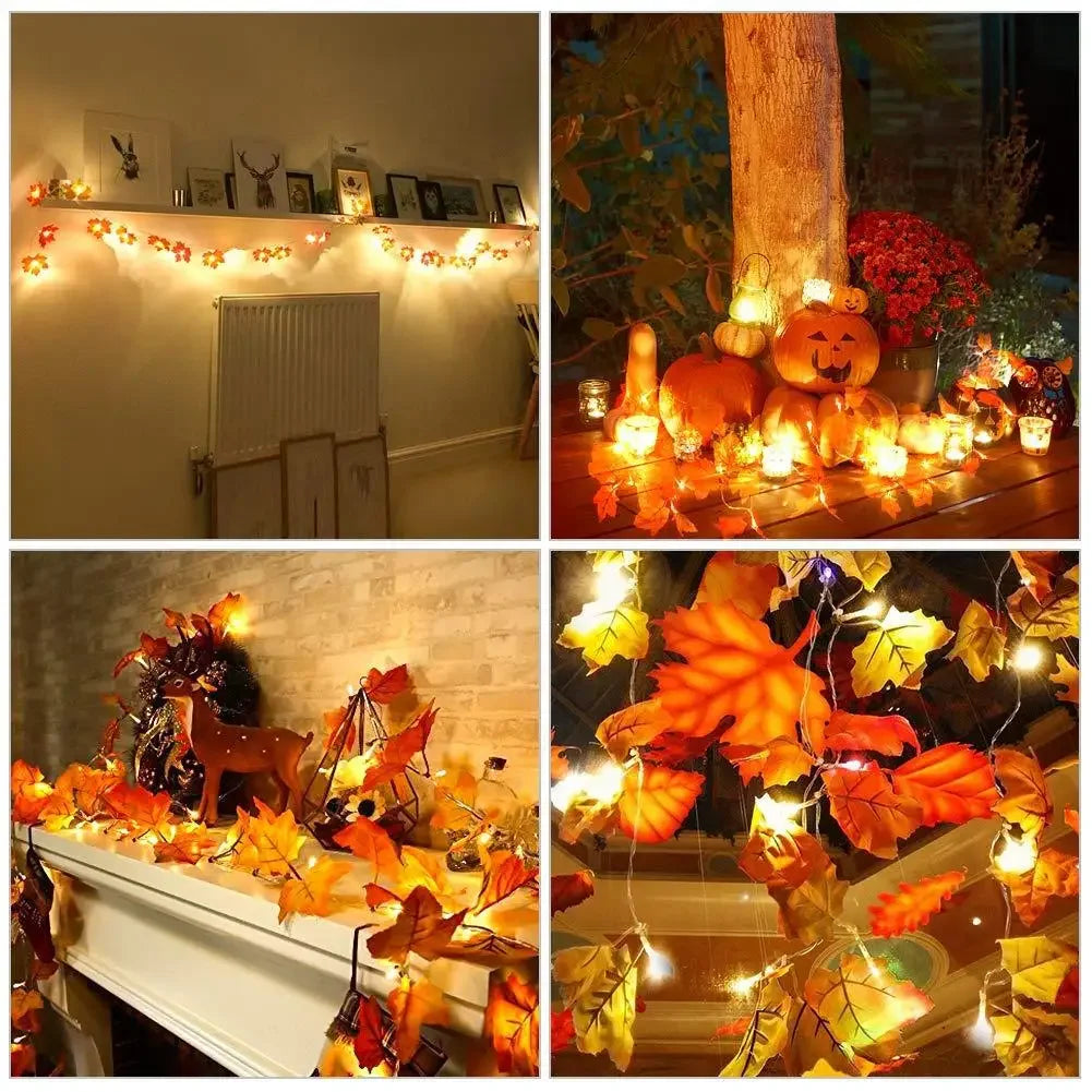 Christmas Decoration Artificial Maple Leaf Leaves LED Light String Lantern Garland Home Party