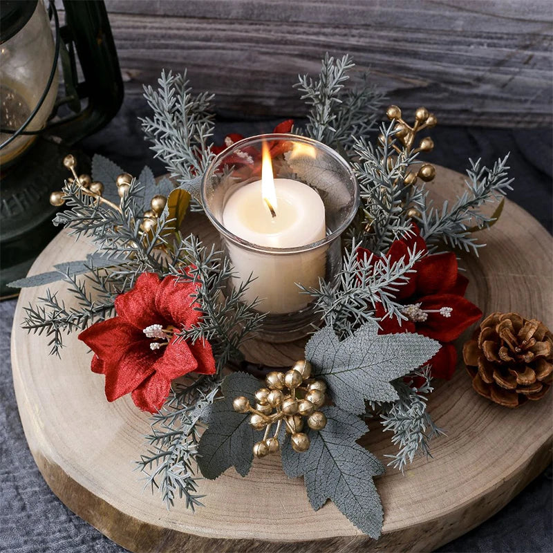 Christmas Candlestick Wreath Artificial Flowers Garland Candle Ring