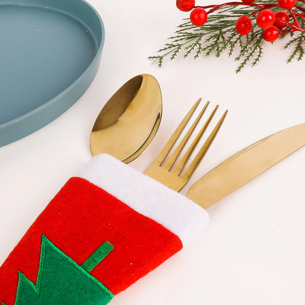 Christmas Cutlery Holder Set Mini Santa Hat Fork Knife Tableware Holder Bag