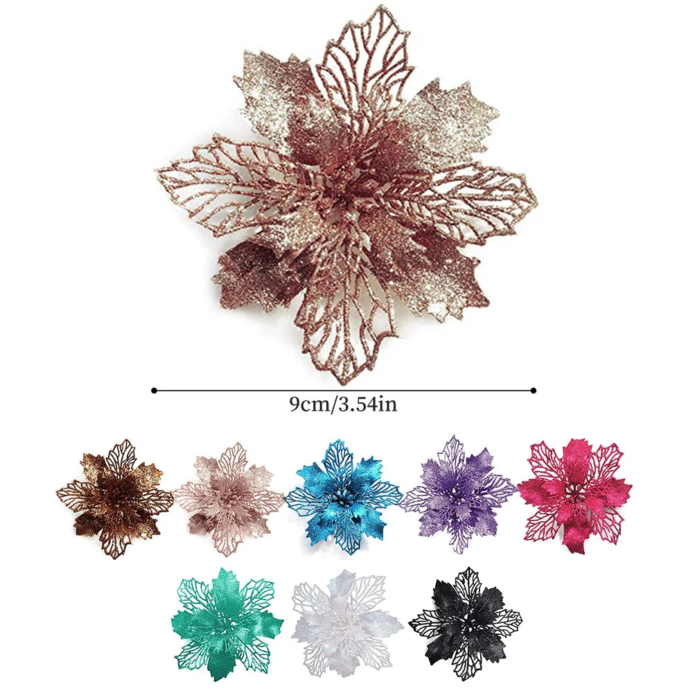 Glitter Artifical Christmas Flowers Merry Christmas Tree Decoration Happy New Year Ornaments Xmas Fake Flowers Natal