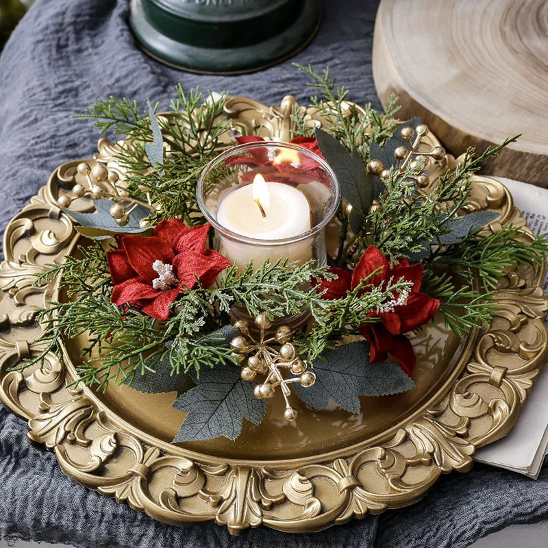 Christmas Candlestick Wreath Artificial Flowers Garland Candle Ring