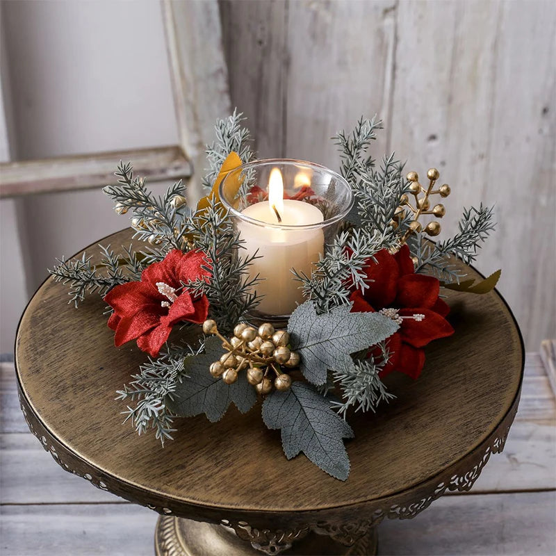Christmas Candlestick Wreath Artificial Flowers Garland Candle Ring