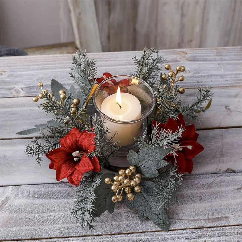 Christmas Candlestick Wreath Artificial Flowers Garland Candle Ring